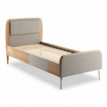 Fabric upholstered twin bed frame with wooden accents and slatted base