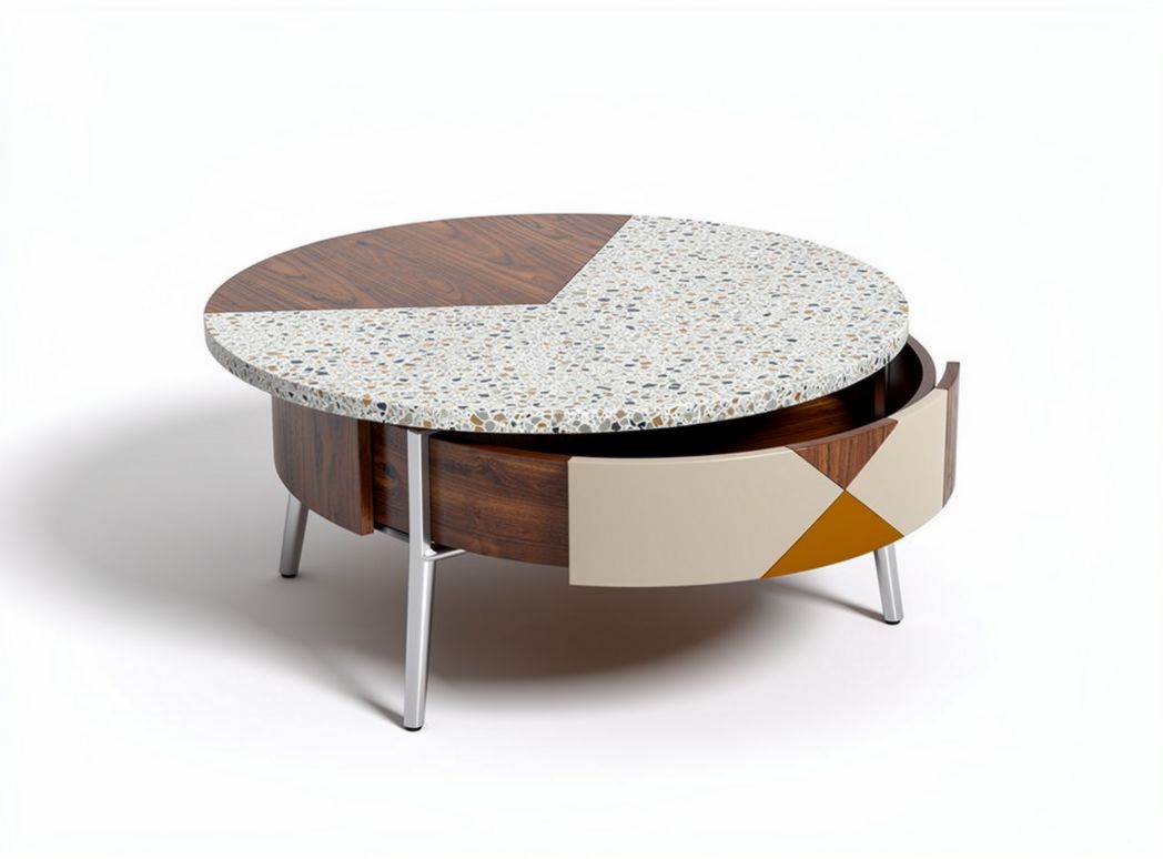 Round coffee table with terrazzo top and wood base dimensions 80 x 80 x 40cm