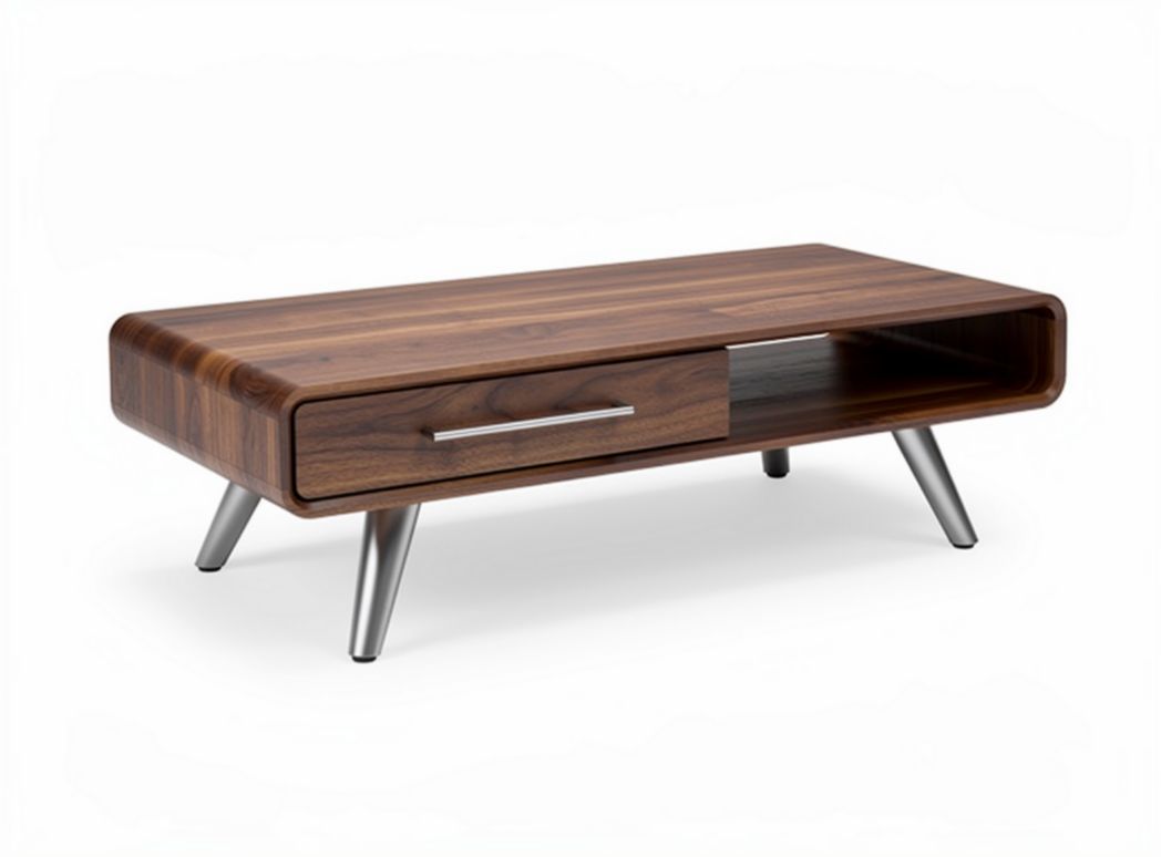 Walnut wood coffee table with open shelf and drawer 120 x 60 x 45cm