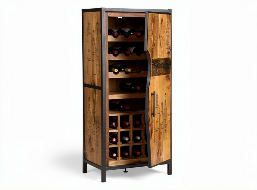 Wooden wine cabinet with metal frame for 24 bottles rustic design 140 x 60 x 40cm