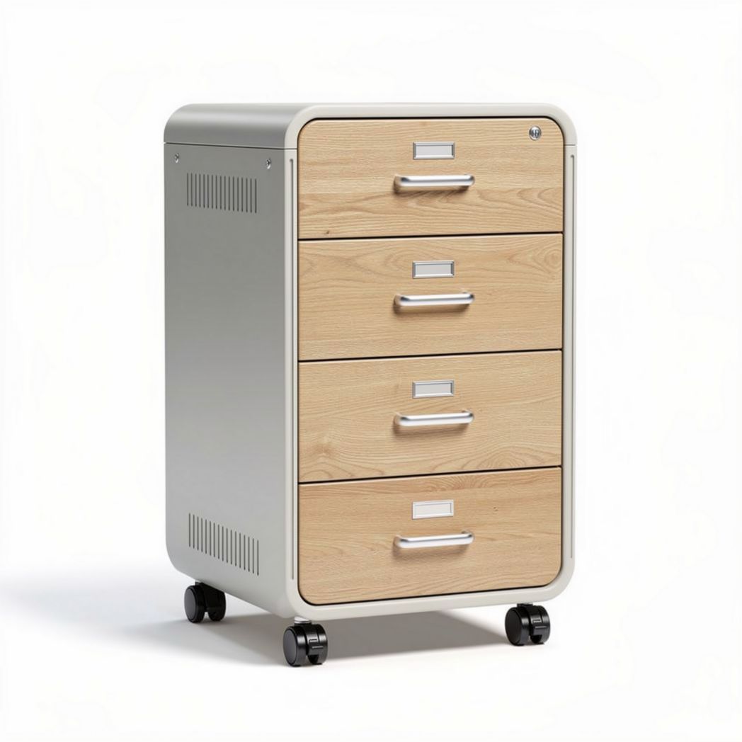 Rolling filing cabinet with four drawers in wood finish and metal frame 45 x 35 x 60cm