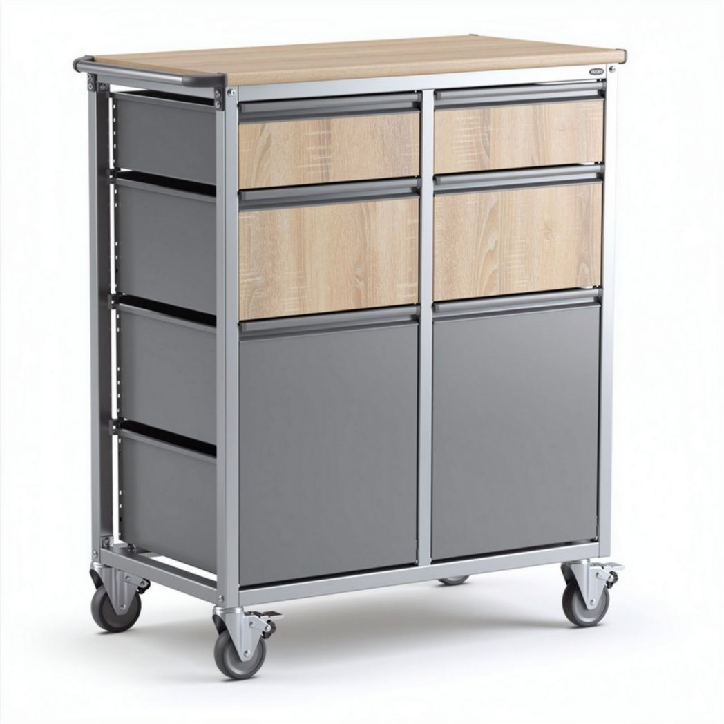 Wood and metal storage cart with six drawers and rolling wheels 80 x 40 x 90cm