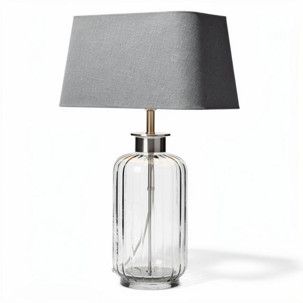 Glass table lamp with grey fabric shade for home or office use 30 x 30 x 60cm