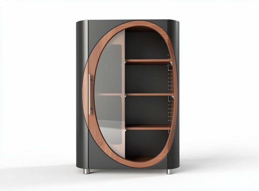 Modern curved storage cabinet with wooden accents and glass door 50 x 30 x 80cm