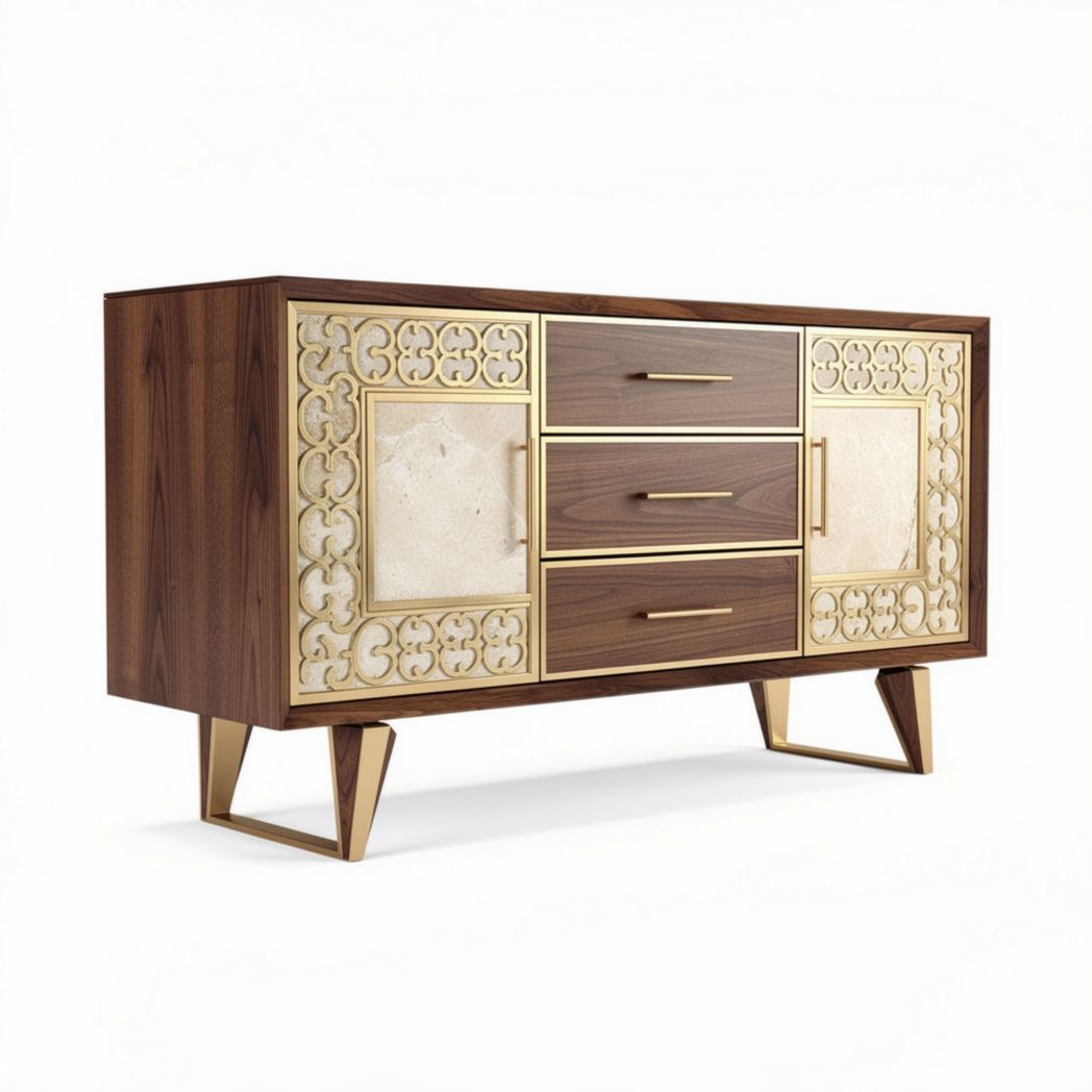 Wooden sideboard with gold accents and decorative panels 150 x 50 x 80cm