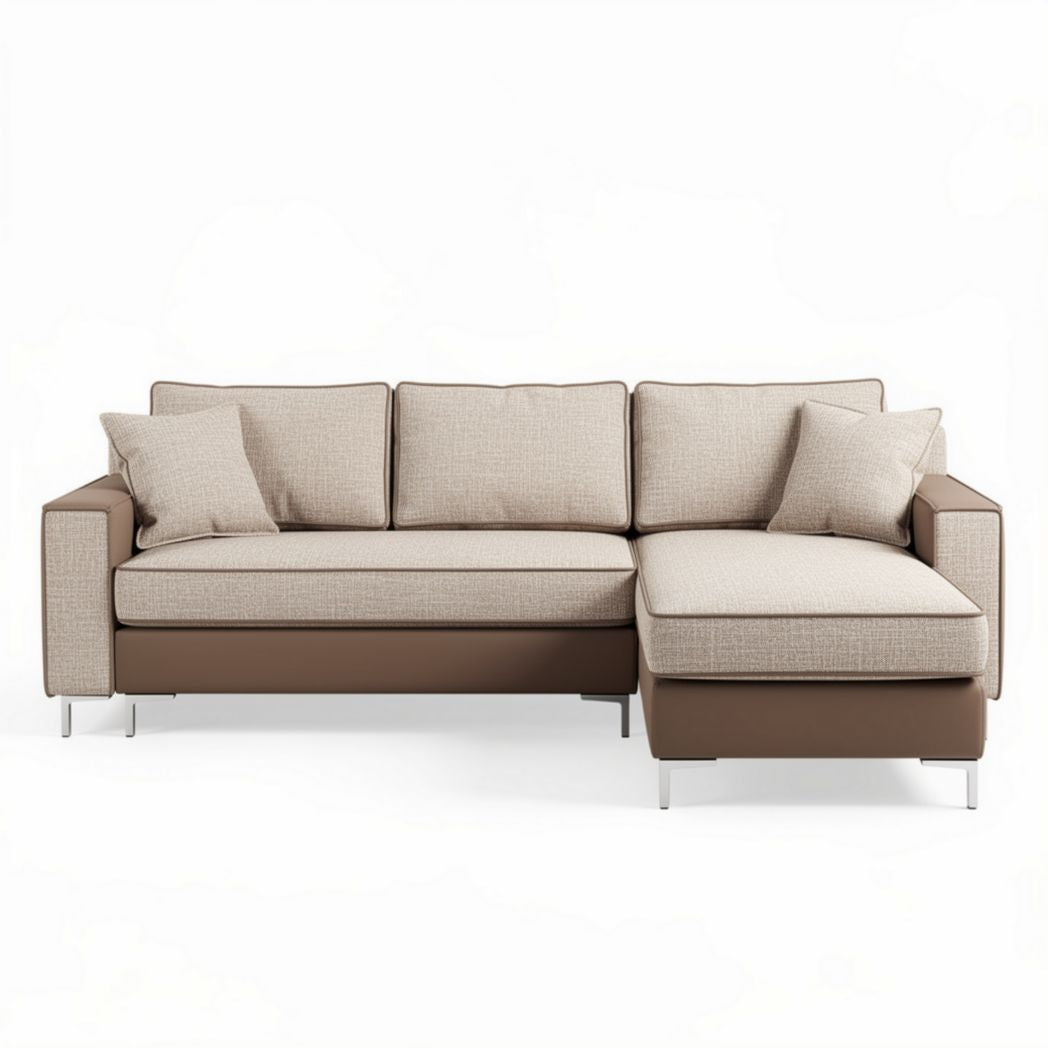L-shaped sectional sofa with fabric upholstery and chrome legs in brown and beige 200 x 80 x 90cm