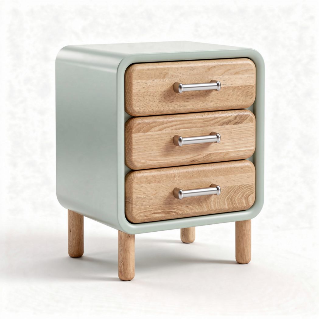 Wood and metal nightstand with three drawers in mint green finish 40 x 40 x 60cm