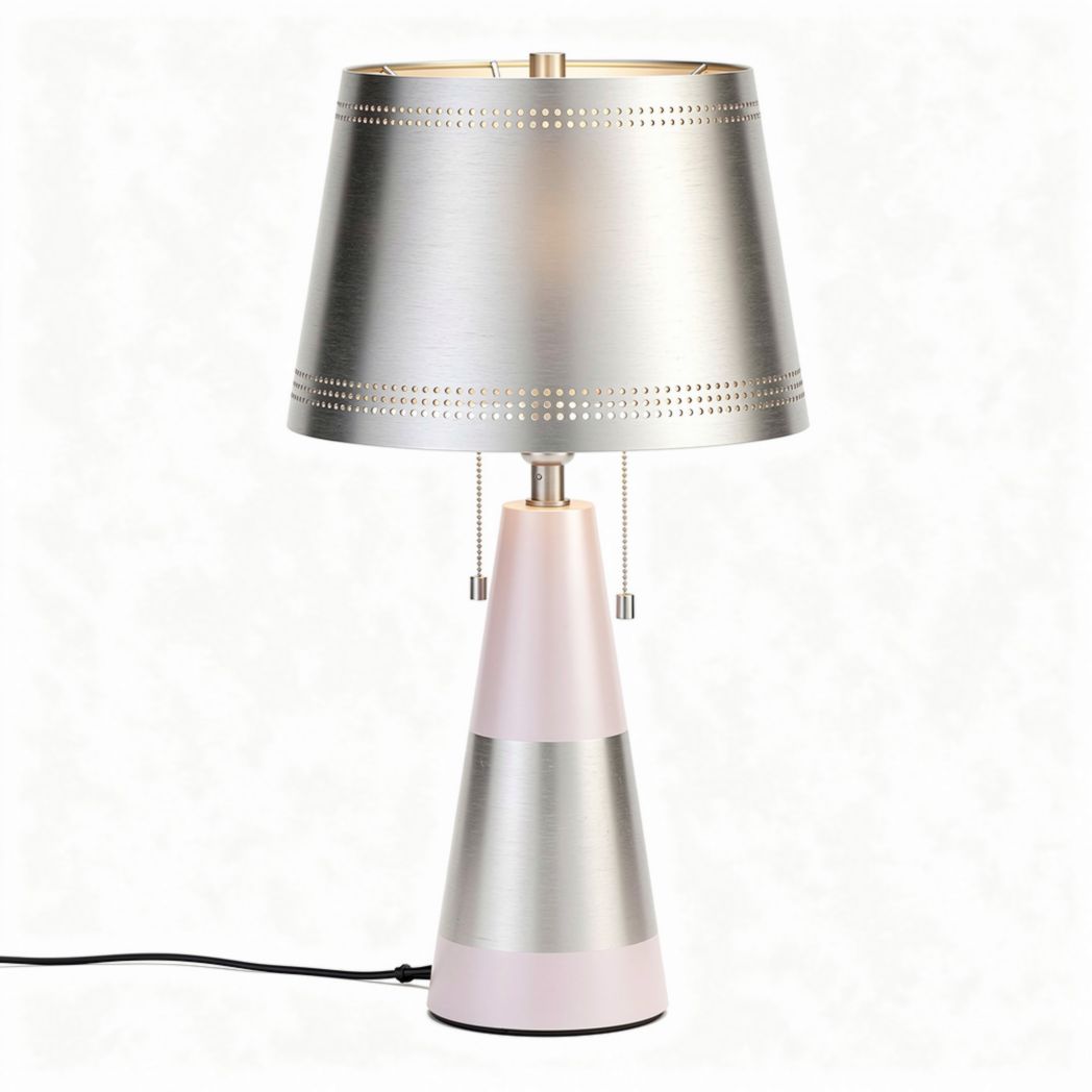 Modern table lamp with metal shade and geometric base in pink and silver 20 x 20 x 35cm